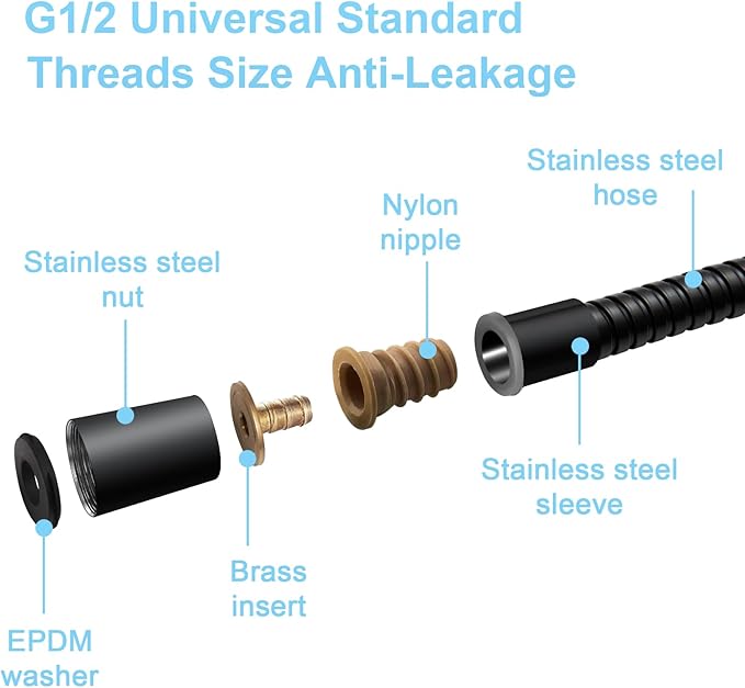 OFFO Shower Hose High Flow 0.43” Large Bore, 120 in Kink Free Stainless Steel Shower Head Hose Replacement G1/2”, Leak-proof Extra Long Flex Handheld for Pet Bathing Cleaning, Matte Black