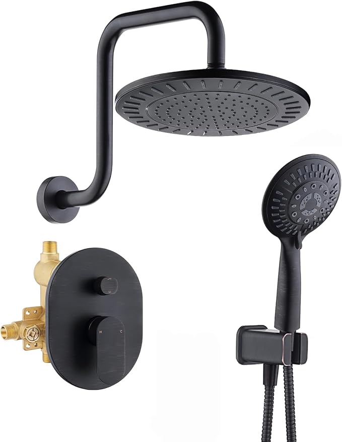 BRIGHT SHOWERS Shower Faucet Set, Shower System with Shower Valve Trim Kit, Double Handle Shower Fixture Rainfall Shower Head and 9-Setting Handheld Spray Combo, Valve Included, Oil-Rubbed Bronze