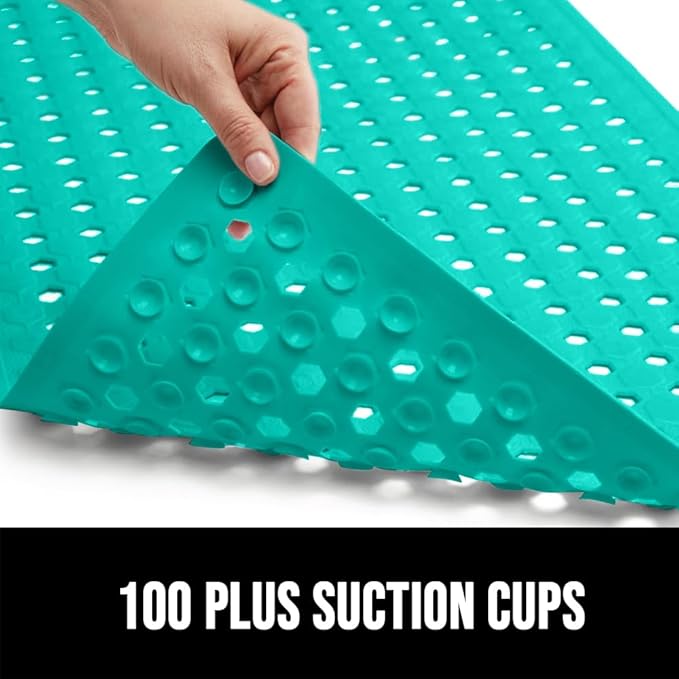 GORILLA GRIP Patented Square Shower Stall Mat, Small Bathtub Floor Mats for Stand Up Showers, Suction Cups and Drain Holes, Machine Wash, Soft on Feet, Bathroom Accessories 21x21 Inch Turquoise Opaque