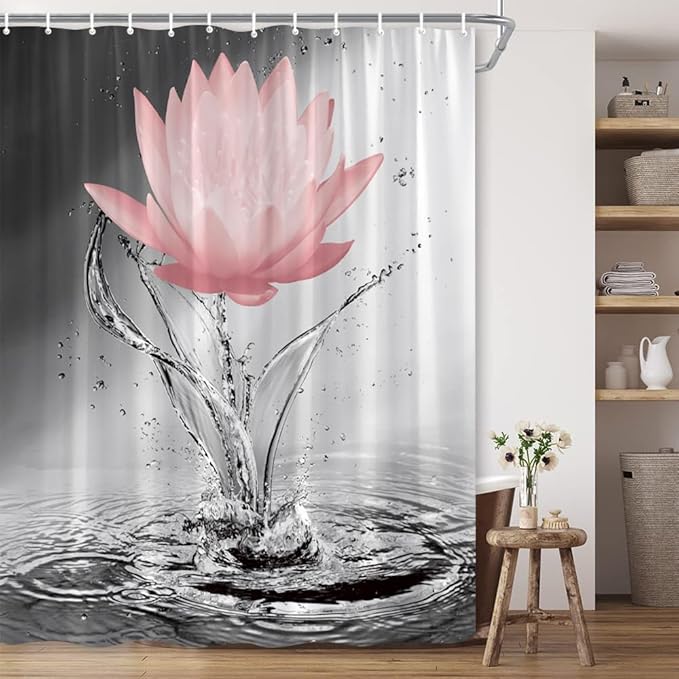 Lotus Shower Curtain Black White Grey Red Flower Elegant Blooming Floral with Dew Spring Flower Reflection on Water Modern Romantic Polyester Fabric Bathroom Decor 60×70 Inch with Hook