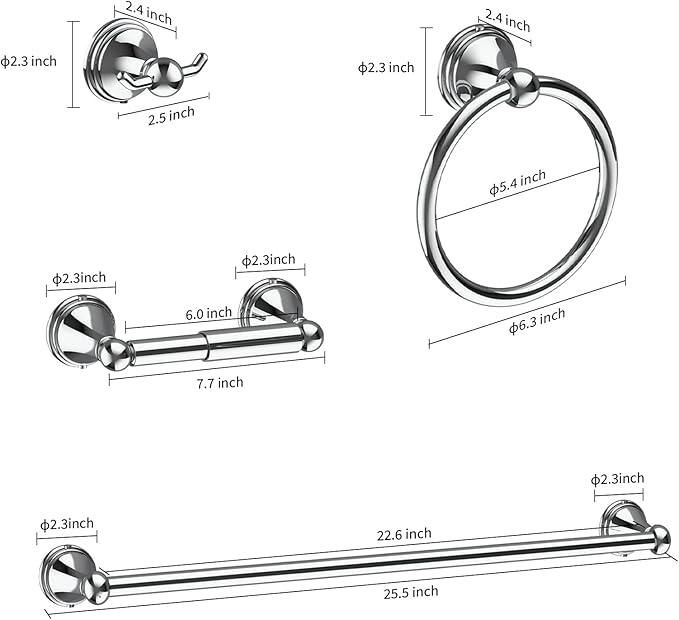 Newfun 8-Pieces Polished Chrome Bathroom Accessories Set, 24 Inch Bath Towel Bar Set, SUS 304 Stainless Steel Bathroom Hardware Set, Towel Racks for Bathroom Wall Mounted