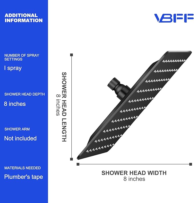 VBFF-Shower Head,rain shower head, 8 inch- Square Shower Head, 1.8 GPM Flow Rate, rainfall showerhead,VBFF07 (Matte Black)