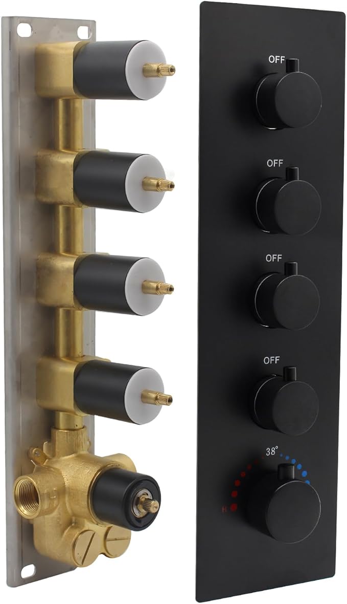 HOMEDEC Black 4-Function Shower Diverter Valve, 4 Ways Thermostatic Brass Mixer Mixing Shower Valve, Can Use All Options At a Time