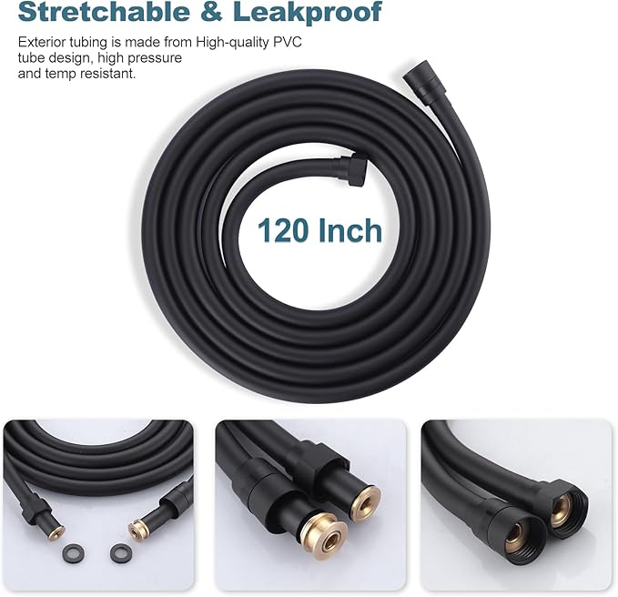 Aleasha Extra Long PVC Shower Hose Replacement for Bathing, Toilet Cleaning, Dogs - Matte Black 120 Inch Shower Hose