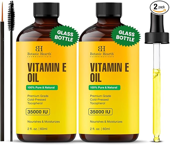 Botanic Hearth Vitamin E Oil (Glass Bottle 2 Fl Oz Set of 2) | 100% Pure and Natural Oil for Growth of Nails, Hair, Eyebrows & Eyelashes | 35,000 Iu | Hair & Body Oil with Eyebrow & Eyelash Brush