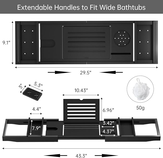 Bamboo Bathtub Tray for Luxury Bathroom, Expandable Premium Bath Tray w/Soap Towel Book Holder, Adjustable Bath Accessories for Tub,Extendable Tub Tray with Wine Glass Cup Organizer 29.5"-43.3" Black