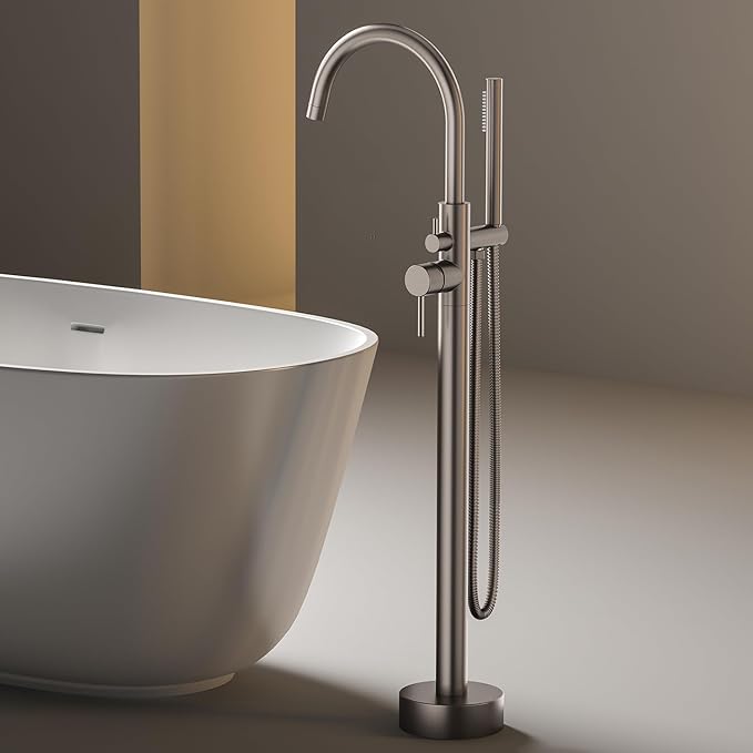 Freestanding Bathtub FaucetFloor Mount Bathtub Filler Shower Mixer Faucet with Handheld Shower Sprayer Swivel, Side Inlet，Grey