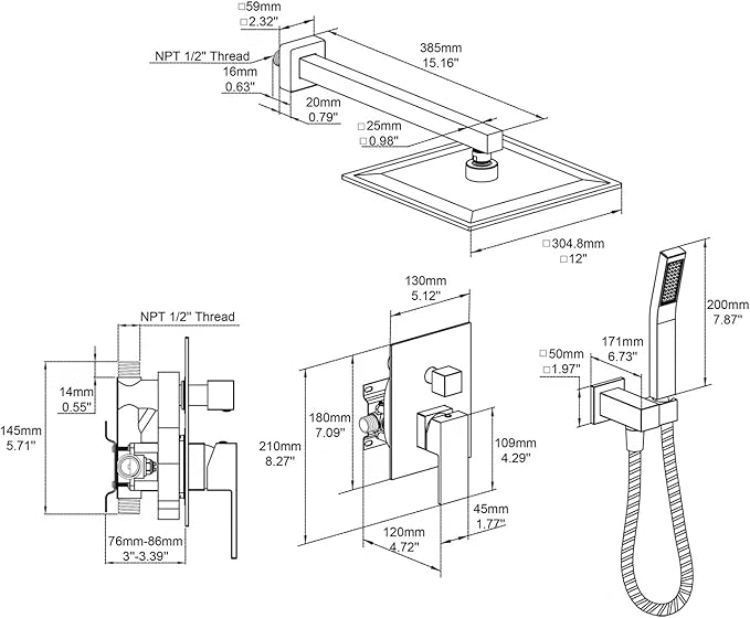 Rain Shower System 12 Inches Shower Combo Set Black Wall Mount Faucet Bathroom Faucets with Rainfall Shower Head and Hand Shower