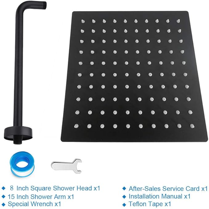 NearMoon Square Rain Shower Head With Extension Arm, Large Stainless Steel Rainfall Shower-Waterfall Full Body Coverage (8 Inch, Matte Black)