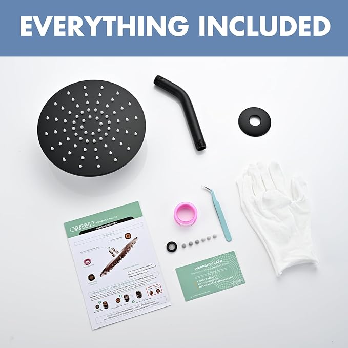 Rainfall Shower Head, MEDIOMI Rain Shower Head Set - Ultra-Thin Design High Flow Stainless Steel Large Round Rain Shower Heads with Shower Arm and Flange (8-Inch, Matte Black)