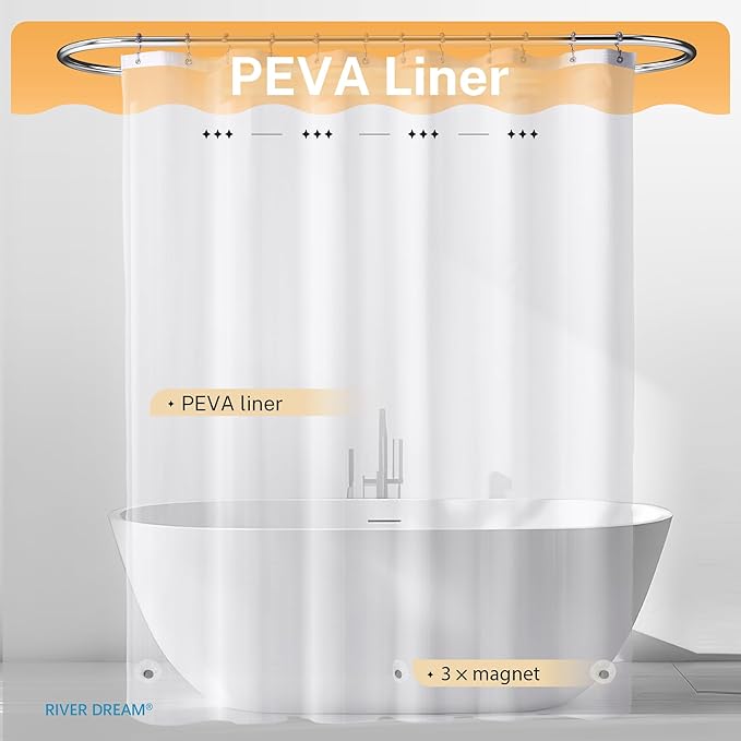 River Dream 3 in 1 Shower Curtain Set, Stall Waffle Fabric Shower Curtain and Waterproof Clear Liner Set with Double Sided Metal Hooks, Grey, 36" W*72" H