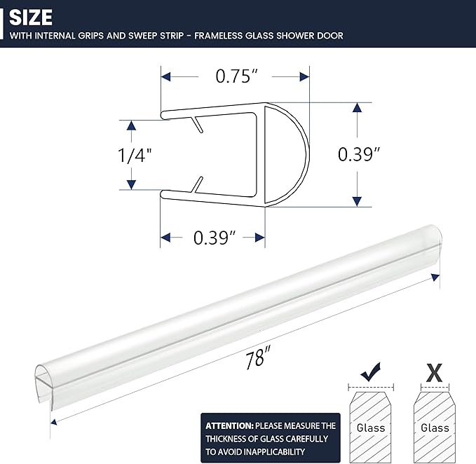Shower Glass Door Side Seal, 2PCS 78 Inch Ultra Clear U-Shape PVC Seal Strip, for 1/4"(6mm) Thick Frameless Glass Door, to Stop Water Leakage