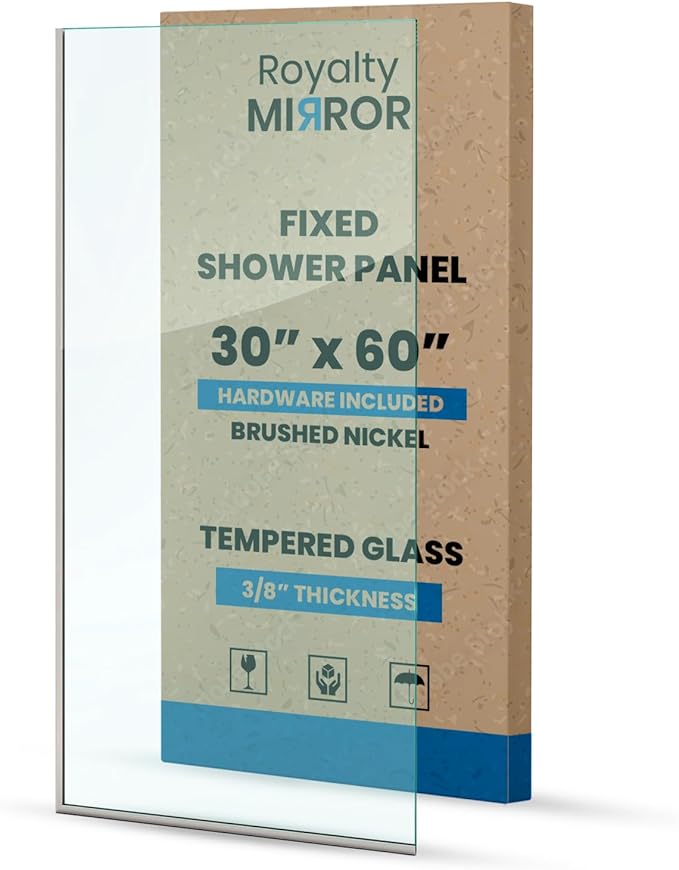 Royalty Fixed Shower Screen - 30" x 60" Frameless 3/8" Clear Tempered Glass Panel with Hardware - Easy Clean Smart Guard Coating - Minimalist Modern Design for Bathroom - Brushed Nickel