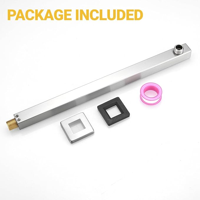 BESy 20 Inches Straight Extended Shower Arm With Flange, Rain Shower Head Extension Arms, Square Shower Rod Shower Head Extender Arm Shower Pipe Extension, Wall-Mounted Brushed Nickel Stainless Steel