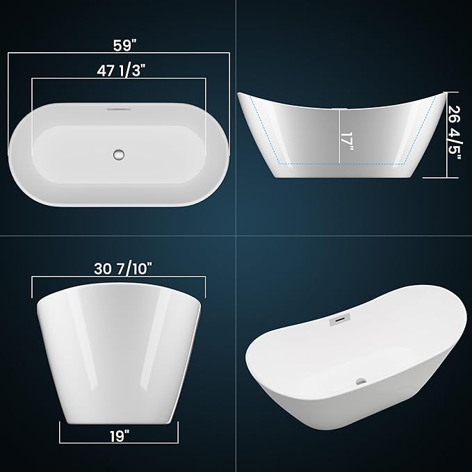Freestanding Bathtubs 59 inch Acrylic Stand Alone Tub – White Finish with Chrome Drain, Ergonomic Oval Design, Modern Freestanding Tub for Bathroom, Family or Guest Soaking