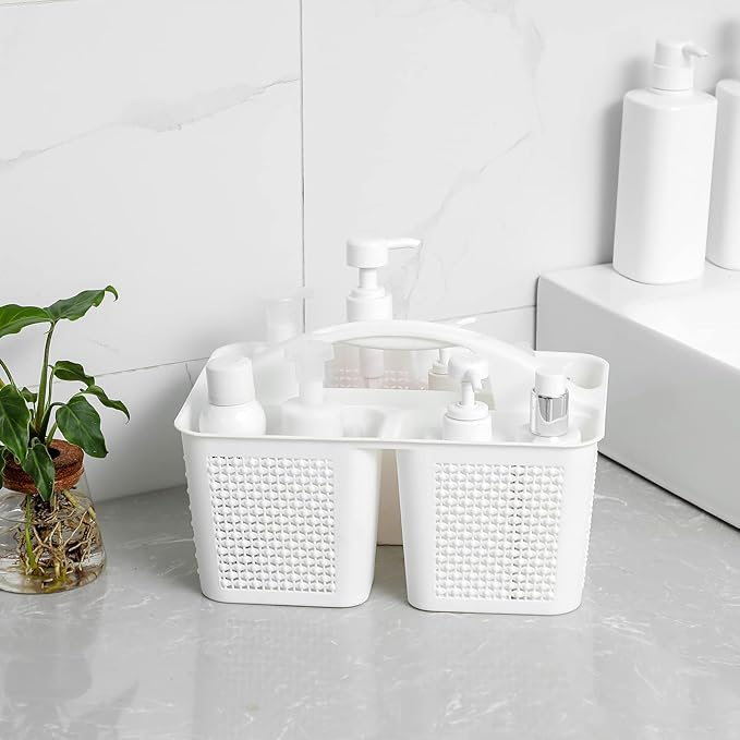 UUJOLY Plastic Portable Shower Caddy Basket Bucket, Cleaning Shower Basket with Handle Compartments Storage Basket Organizer for Bathroom Kitchen College Dorm Sink, White