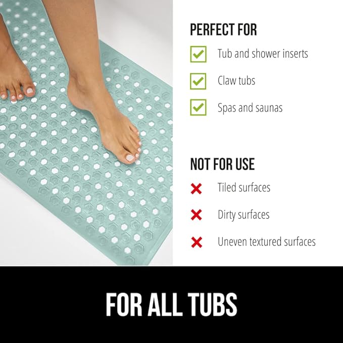 GORILLA GRIP Patented Bath Tub Shower Mat, Machine Washable Bathtub Floor Liner Mats, Suction Cups and Drain Holes to Keep Tubs Clean, Soft on Feet, Bathroom Essentials, 35x16 Inch, Mint Opaque