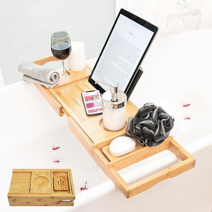 Foldable Bathtub Tray Caddy - Expandable Bath Tray for Tub | Secure, Non-Slip Bathtub Caddy for Tub for Bath Accessories, Self Care Home Spa Gift Set, Relaxing Gifts for Women, New Moms, House Warming