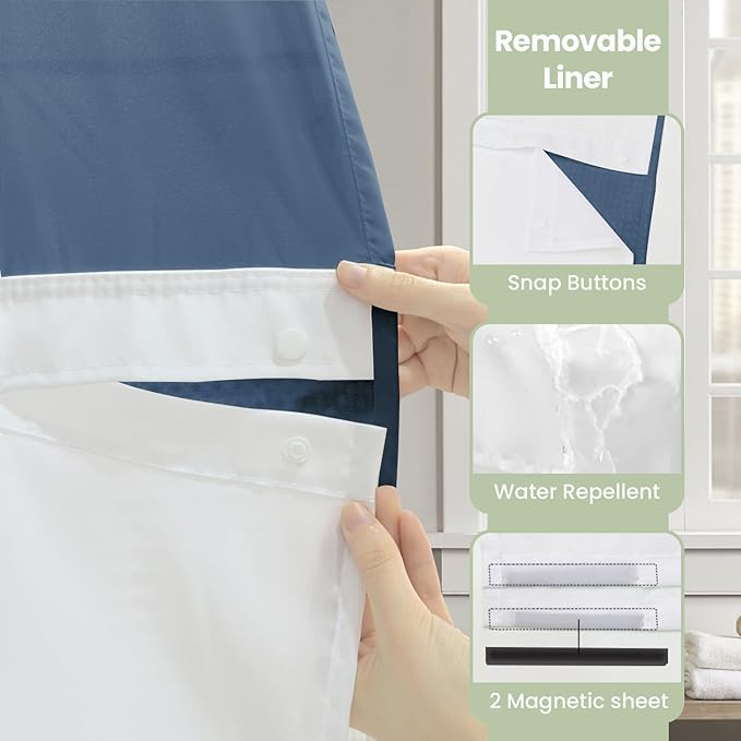 Inhousolu Extra Long No Hook Shower Curtain with Snap in Fabric Liner Set Waffle Weave 230GSM Weighted Hem, Waterproof & Washable Bathroom Curtain Spa with Mesh Top Window 72" W*84" L Moonlight Blue