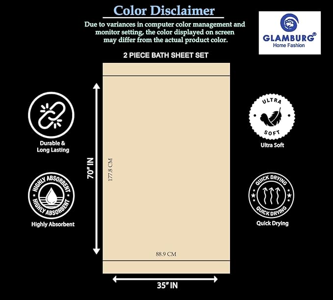 GLAMBURG Premium Cotton Oversized 2 Pack Bath Sheet 35x70-100% Pure Cotton - Ideal for Everyday use - Ultra Soft & Highly Absorbent - Machine Washable - Turquoise Blue