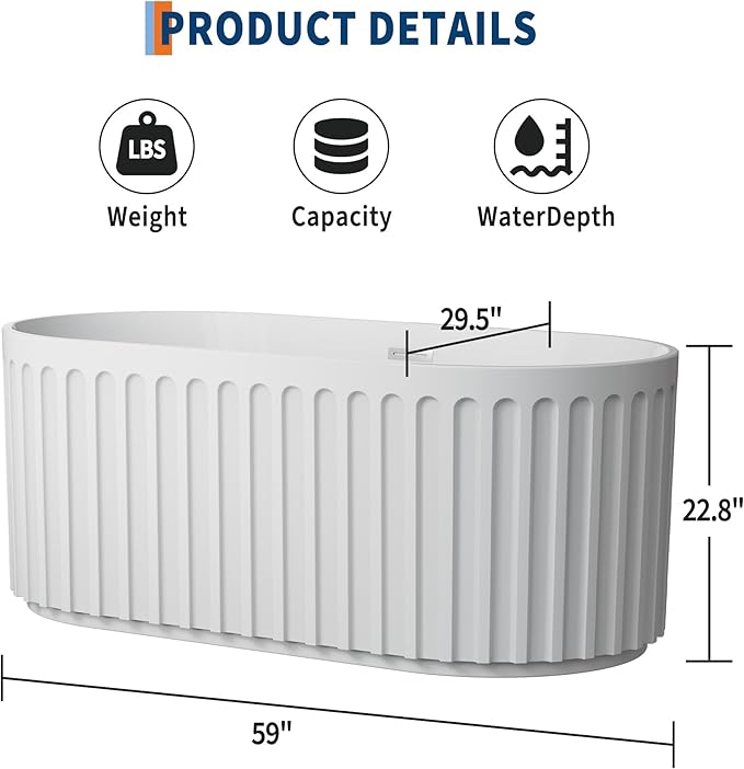 GarveeLife Freestanding Bathtubs 59 inch Glossy White Acrylic Soaking Tub – Modern Striped Freestanding Bath Tub with Overflow, Pop-Up Drain & Hidden Drainage for Home Spa and Bathroom Upgrade