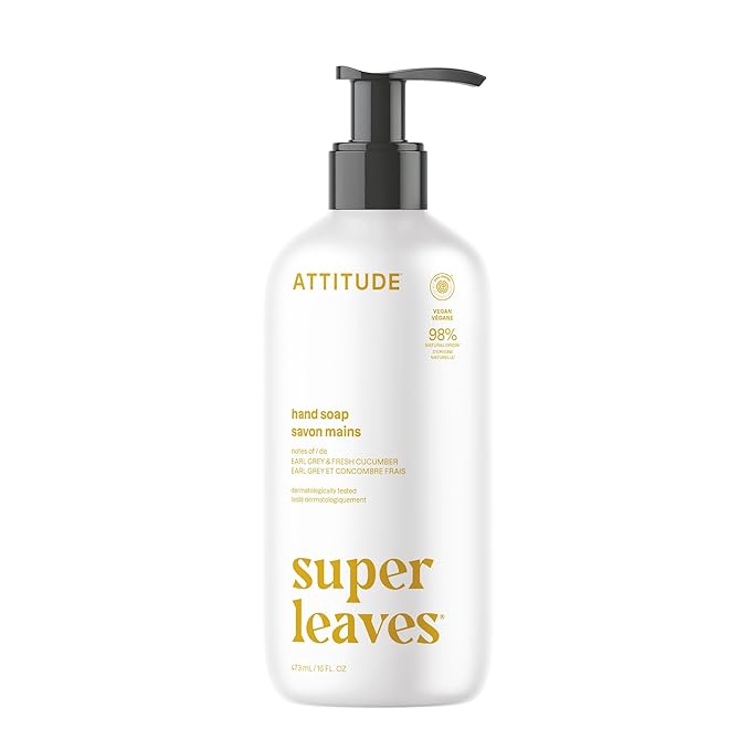 ATTITUDE Liquid Hand Soap, EWG Verified, Plant and Mineral-Based, Vegan Personal Care Products, Earl Grey & Fresh Cucumber Scent, 16 Fl Oz