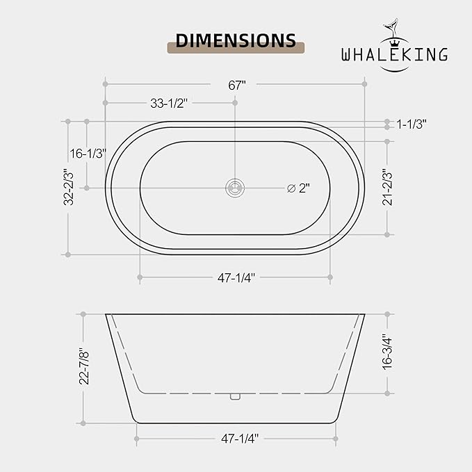 67 inch Freestanding Soaking Bathtub, Modern Stand Alone Free Standing Acrylic Tub with Center Drain & Overflow, Glossy White