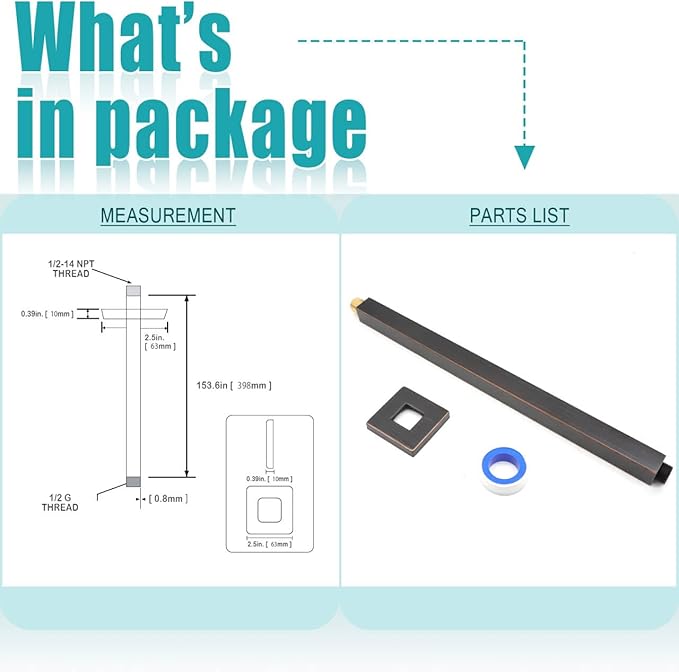 Oil Rubbed Bronze Shower Arm with Flange and Teflon Tape for High Ceiling Fixed Rain Showerhead, Universal Connection 16-inch Square Straight Shower Head Extender Extension Pipe, 304 Stainless Steel