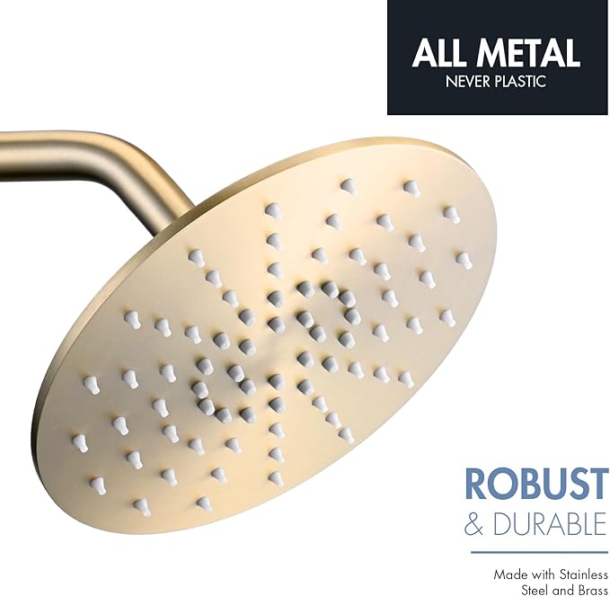 Rainfall Shower Head, MEDIOMI Rain Shower Head Set - Ultra-Thin Design High Flow Stainless Steel Large Round Rain Shower Heads with Shower Arm and Flange (8-Inch, Brushed Gold)