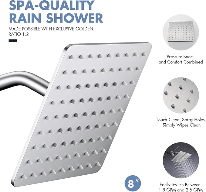 Rainfall Shower Head, MEDIOMI Rain Shower Head Set - Ultra-Thin Design High Flow Stainless Steel Large Square Rain Shower Heads with Shower Arm and Flange (8-Inch, Brushed Nickel)