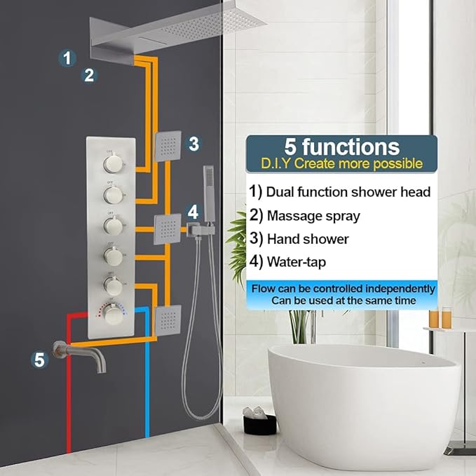HOMEDEC 5-Function Brass Thermostatic Shower Valve Kit Can Run at Same Time, Concealed Water Diverter with 6 Round Handles Knobs Valve, Brushed Nickel