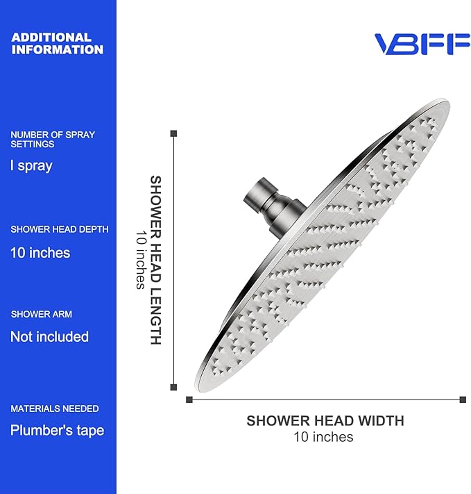 VBFF-Shower Head,rain shower head, 10 inch- Round Shower Head, 1.8 GPM Flow Rate, rainfall showerhead,VBFF12 (Brushed Nickel)