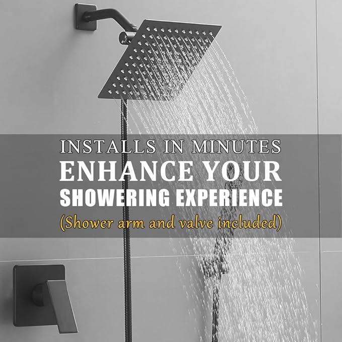 8 Inch Rainfall Shower Head and Handheld Spray Combo with 3-Way Diverter and Touch-Clean Nozzles, Rough-in Valve Body and Trim Included, Matte Black