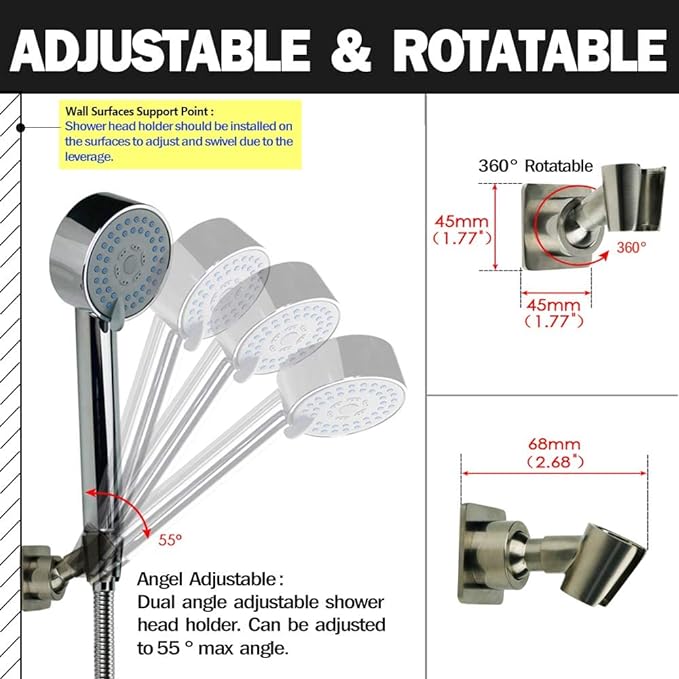 Shower Head Holder All Metal Handheld Shower Wand Bracket Adhesive Shower Wall Mount Holder Brass Shower Spray Holder Brushed Nickel, Drill Free Glue Installation