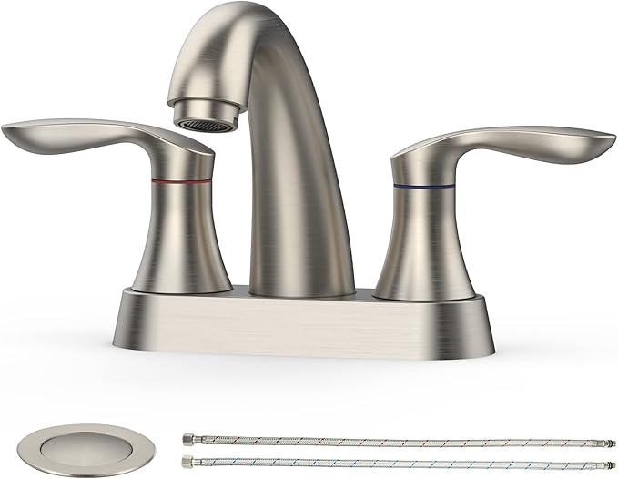 Bathroom Faucet, 4 Inch Bathroom Faucets for Sink 3 Hole, Centerset Bathroom Sink Faucet with Pop Up Drain and cUPC Lead-Free Hose(Brushed Nickel)