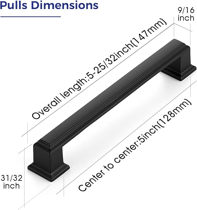 Ravinte Hardware 5 Pack Matte Black Cabinet Pulls, 5 Inch (128mm) Hole Center Zinc Alloy Drawer Handles for Kitchen Cabinets, Cupboards, Dressers, Square Solid Metal Hardware