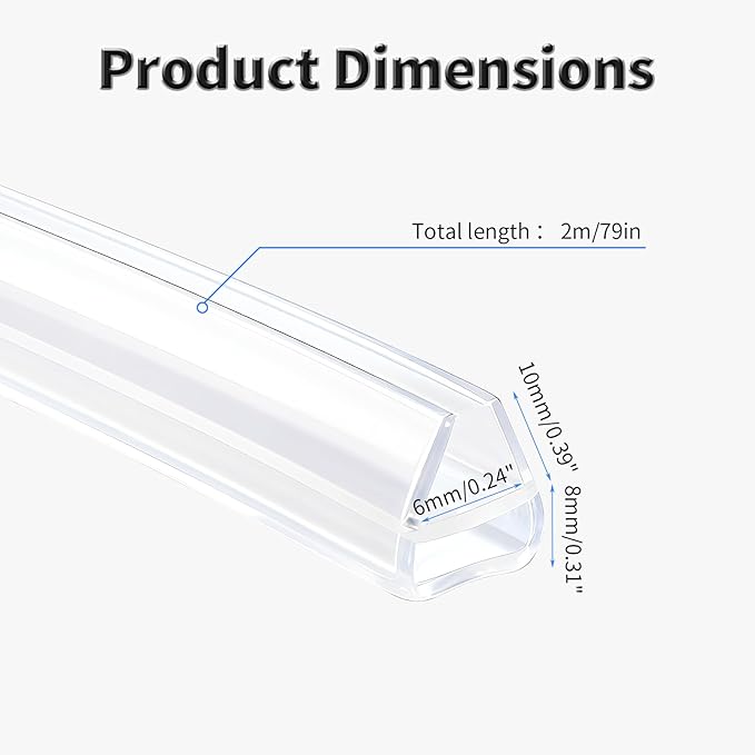 Shower Door Side Seal Strip,79 Inch U-Type Frameless Shower Door Seal, U-Type Shower Door Sweep for 1/4"(6mm) Thick Glass