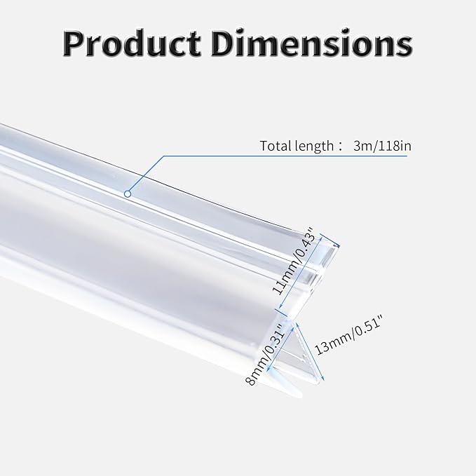 Shower Door Side Seal Strip,118 Inch F-Type Frameless Shower Door Seal, F-Type Shower Door Sweep for 5/16"(8mm) Thick Glass