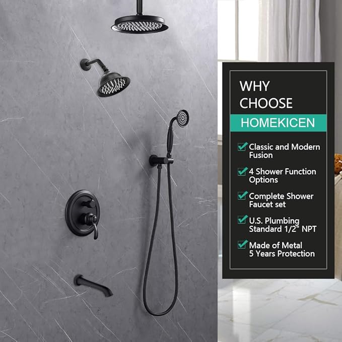 Dual Antique Shower Head System with Tub Spout: 9" Ceiling Mounted Rain & 6" Wall Mount Rainfall, Handheld Spray Vintage Faucet Set, 4 Way Diverter Brass Valve with Trim Kit, Matte Black