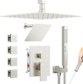 Brushed Nickel Shower System with Jets,Bostingner 4 Way Shower Faucet Set with 2 in1 Handheld,Ceiling Mount 12"+6" Rain Shower Head Wall Mounted, 4 Body Spray Jets Dual Head Shower Set