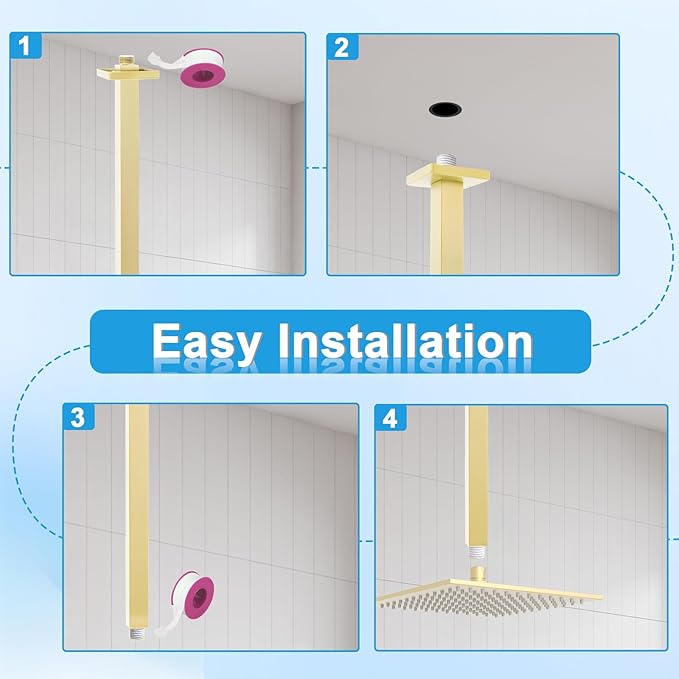 Ceiling Mount Shower Arm with Flange 20 Inches Square Straight Extender Extension Pipe Replacement, Long Shower Arm For Fixed Rain Shower Head or High Ceiling, Brushed Gold