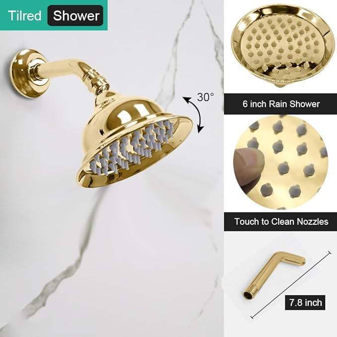 Dual Antique Shower Head System with Tub Spout: 9" Ceiling Mounted Rain & 6" Wall Mount Rainfall, Handheld Spray Vintage Faucet Set, 4 Way Diverter Brass Valve with Trim Kit, Gold