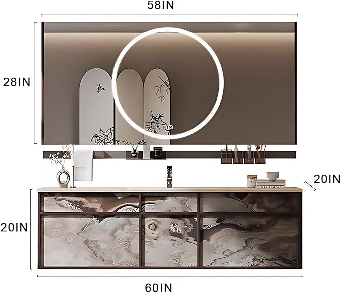 60IN Modern Bathroom Vanity with Sink - Bathroom Vanity with 2 Drawer Organizer, LED Mirror Lights & Defogging Function | Wall - Mounted Vanity with Multifunctional Storage Rack