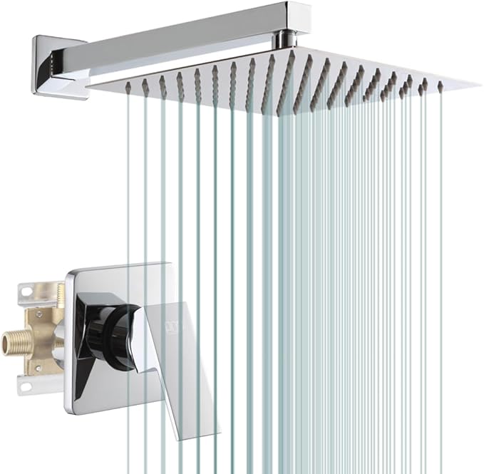 POP SANITARYWARE Shower Faucet Set Chrome Bathroom 10 Inch Rainfall Mixer Shower Head System Wall Mounted Single Handle Shower Trim Kit with Rough-in Valve