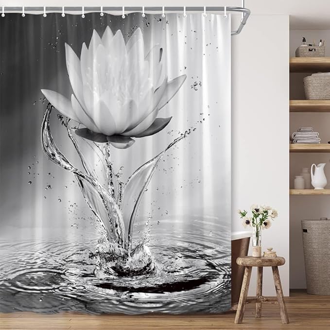 Lotus Shower Curtain Black White Grey Flower Elegant Blooming Floral with Dew Spring Flower Reflection on Water Modern Romantic Polyester Fabric Bathroom Decor 70×84 Inch with Hook