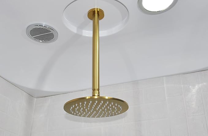 Aquaiaw Shower Arm and Anti-Scratch O-Ring Flange, Solid Brass, Both Soldered 1/2 NPT Tapered Threads, 12 inch Ceiling Mount Straight Rainfall Shower Head Arm Extension (Brushed Gold, Round)
