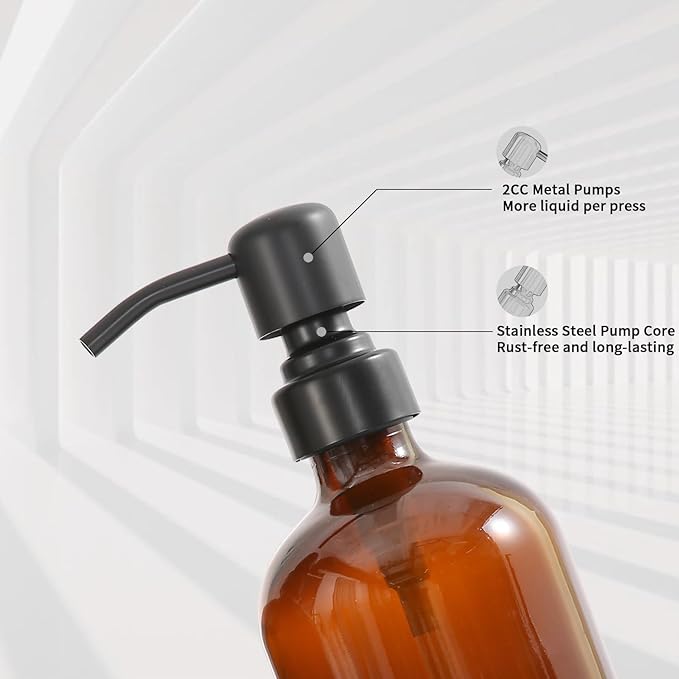 Amber Glass Soap Dispenser Set, Hand Soap and Lotion Set with Black Stainless Steel Pump, Perfect for Modern Bathroom Decor. (Amber)