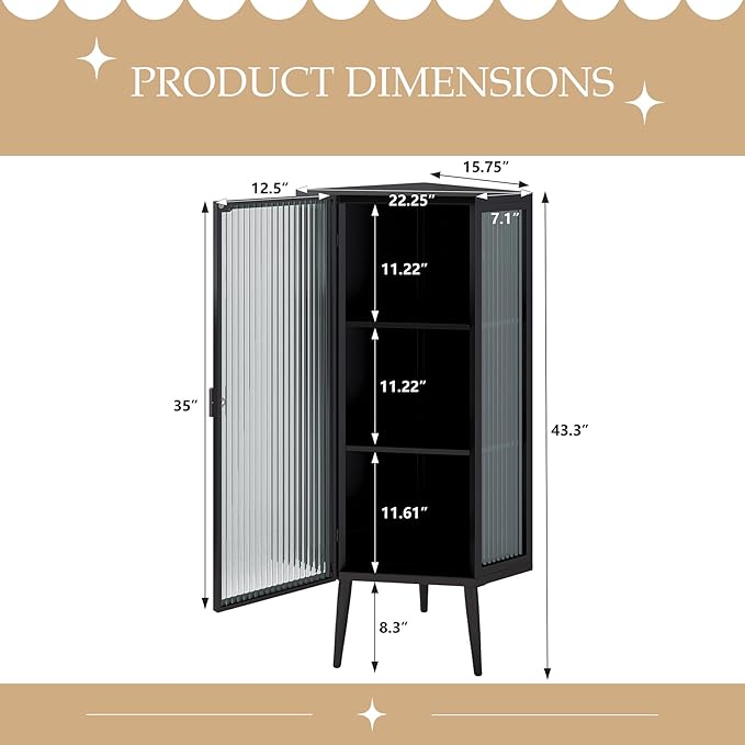Corner Storage Cabinet with Glass Door, 31" & 43" Freestanding Triangle Floor Cabinet Modern Display Organizer Medicine Cabinets for Bathroom Living Room Bedroom (Black, 43')