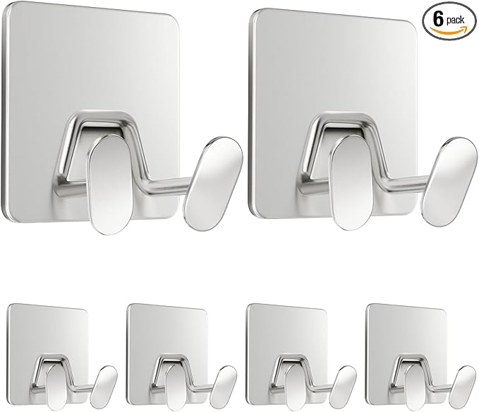 Shower Hooks for Inside Shower - Extra Sticky Stainless, Razor Holder Accessories, Wall Mounted Self-Adhesive Double Hooks for Razor, Loofah, Towel, Shaver, Coat, Key, Silver 6 Pack