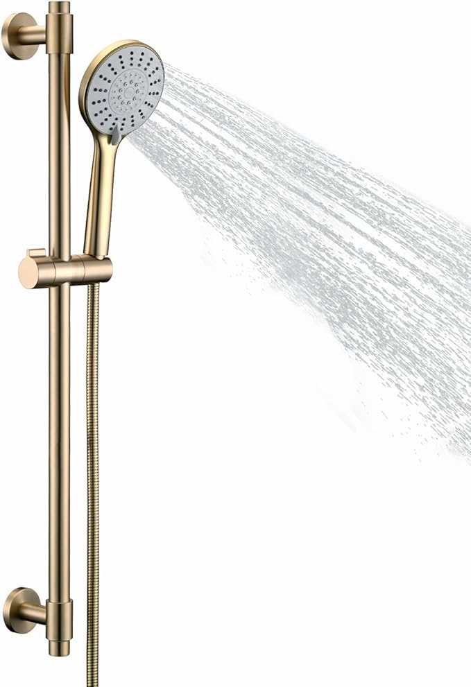 Adjustable Shower Slide Bar with 5-Function Handheld Shower Head, Stainless Steel Grab Slide Bar Combo with Extra Hose (Brushed Gold)